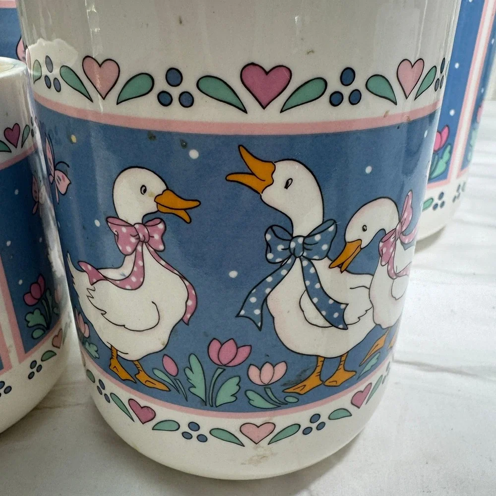 Vintage Country Goose Ceramic Canister Set 4 Piece Blue Pink Hearts 80s Kitchen